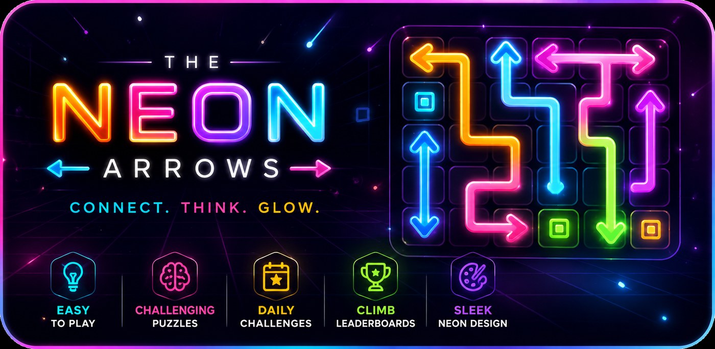The Neon Arrows — connect, think, glow. A neon grid of coloured arrows.